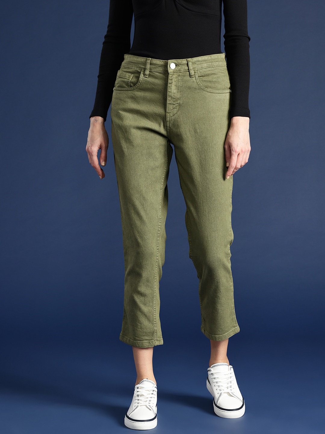 

Mast & Harbour Women Olive Green Slim Fit High-Rise Stretchable Crop Jeans