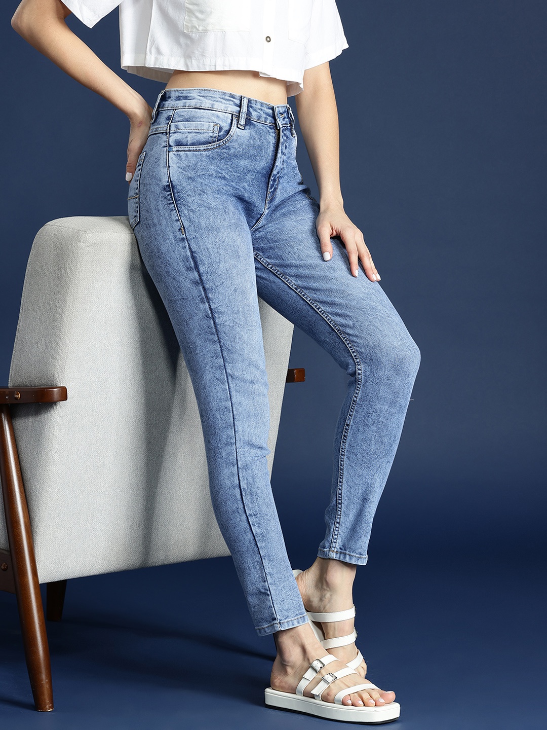 

Mast & Harbour Women Skinny Fit High-Rise Heavy Fade Stretchable Jeans, Blue