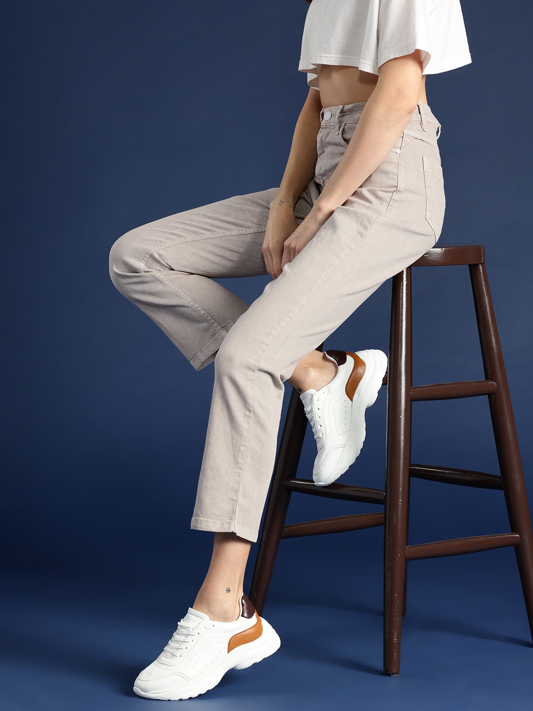 

Mast & Harbour Women Straight Fit High-Rise Stretchable Jeans, Taupe