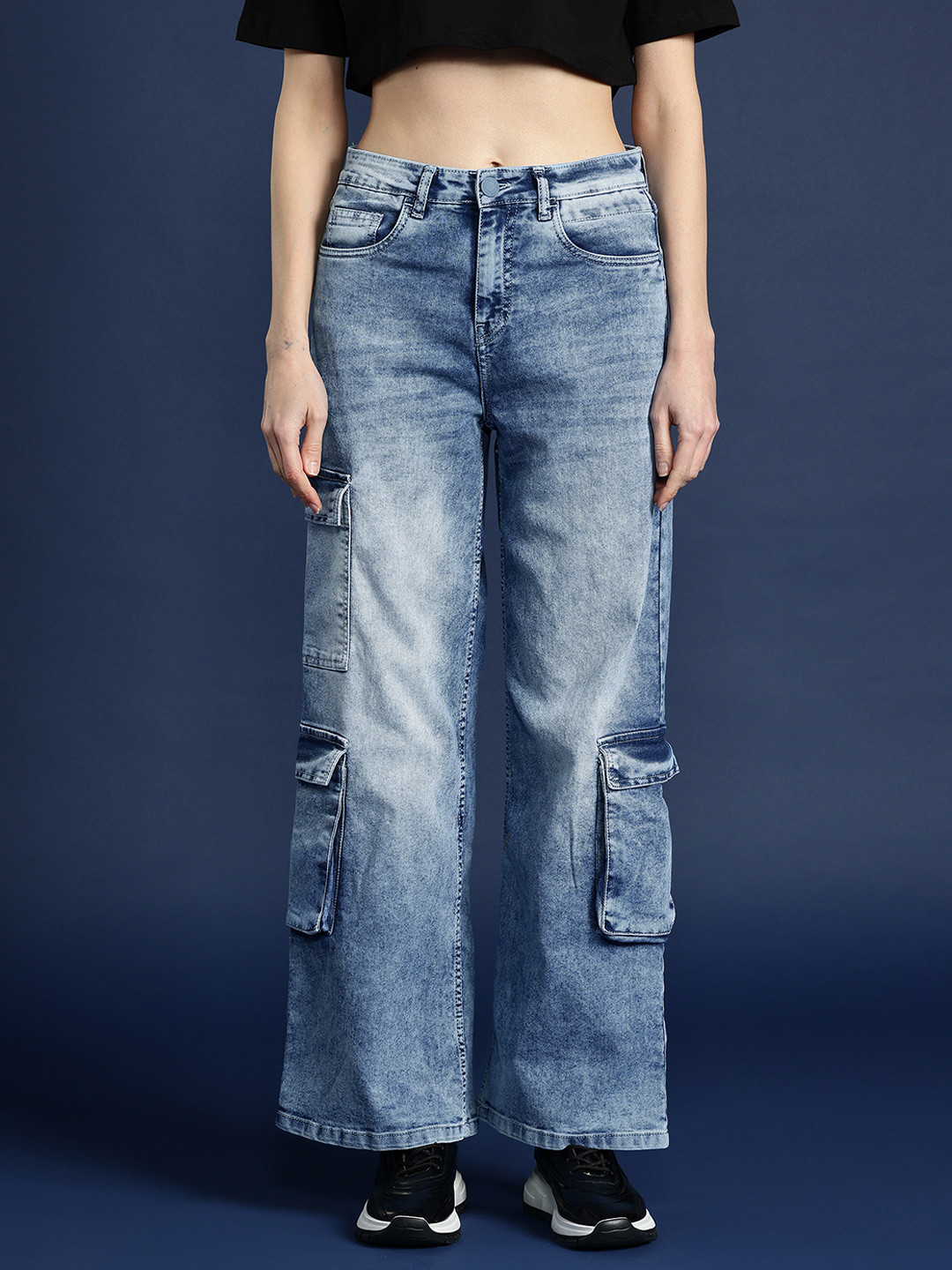 

Mast & Harbour Women Wide Leg High-Rise Heavy Fade Cargo Stretchable Jeans, Blue