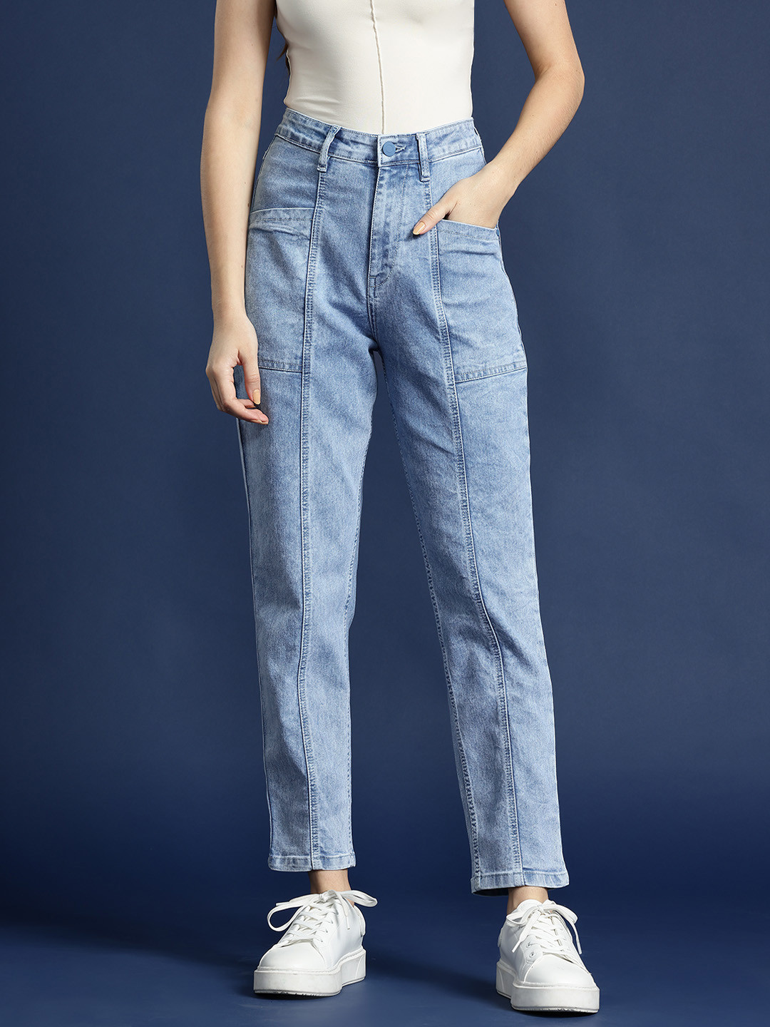 

Mast & Harbour Women Boyfriend Fit High-Rise Light Fade Stretchable Jeans, Blue