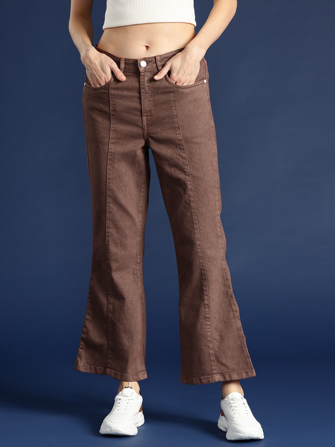 

Mast & Harbour Women Slit Flared High-Rise Stretchable Jeans, Brown