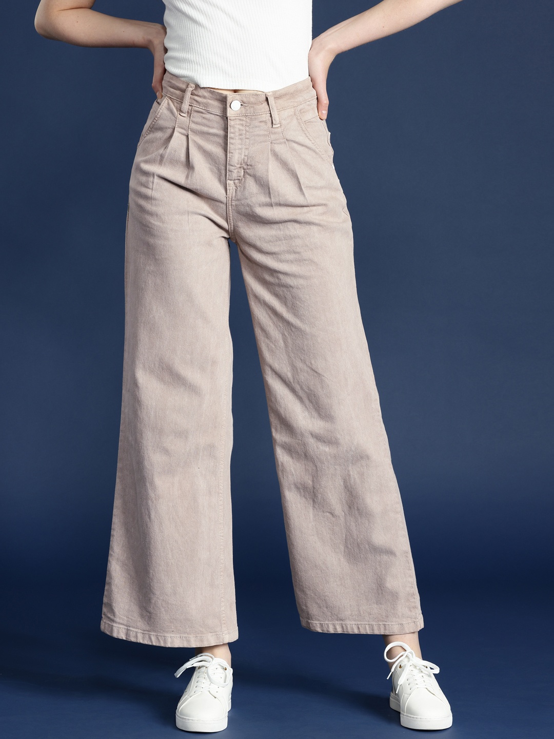 

Mast & Harbour Women High-Rise Wide Leg Stretchable Jeans, Brown