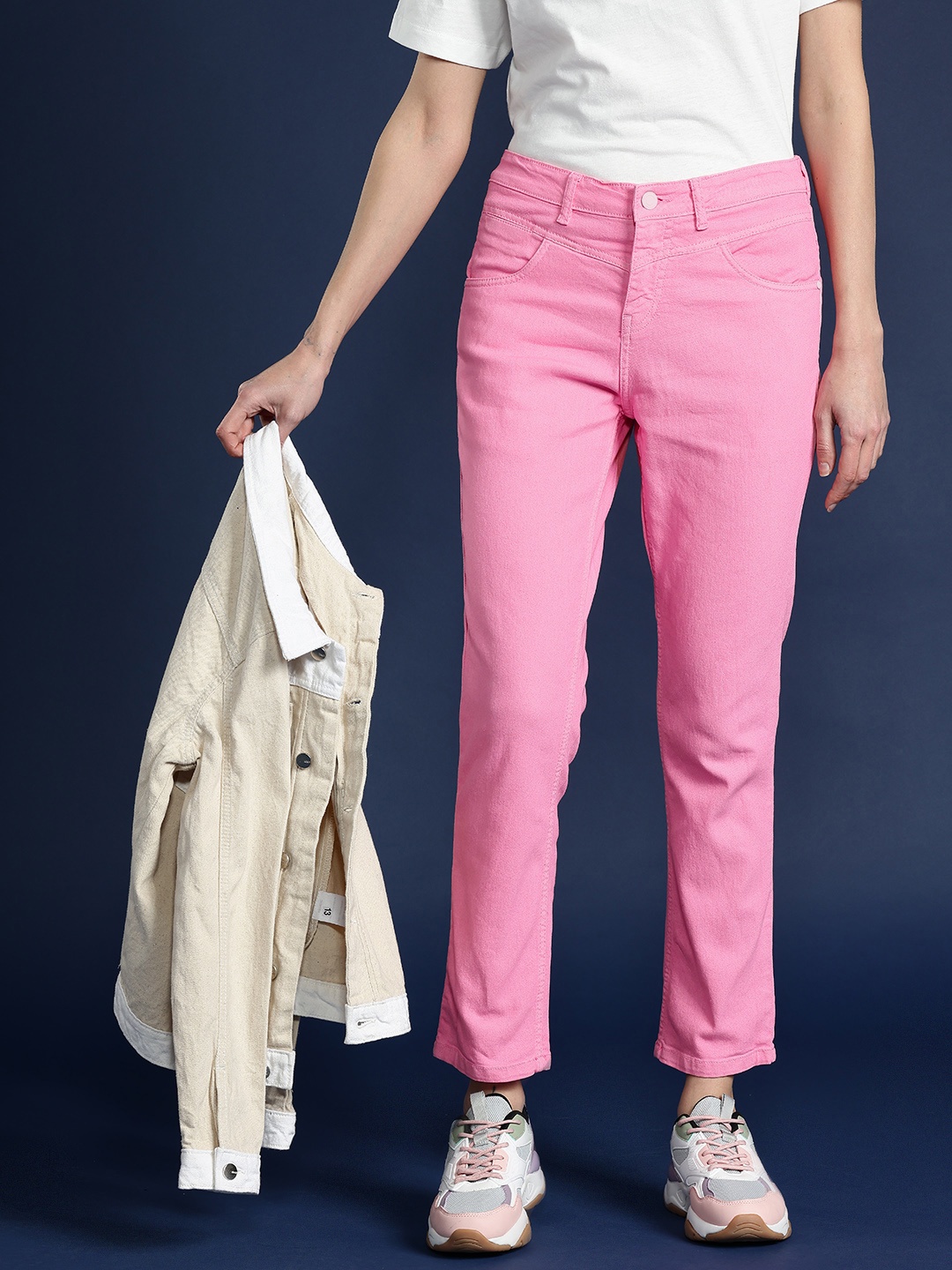 

Mast & Harbour Women Straight Fit Stretchable Jeans, Pink