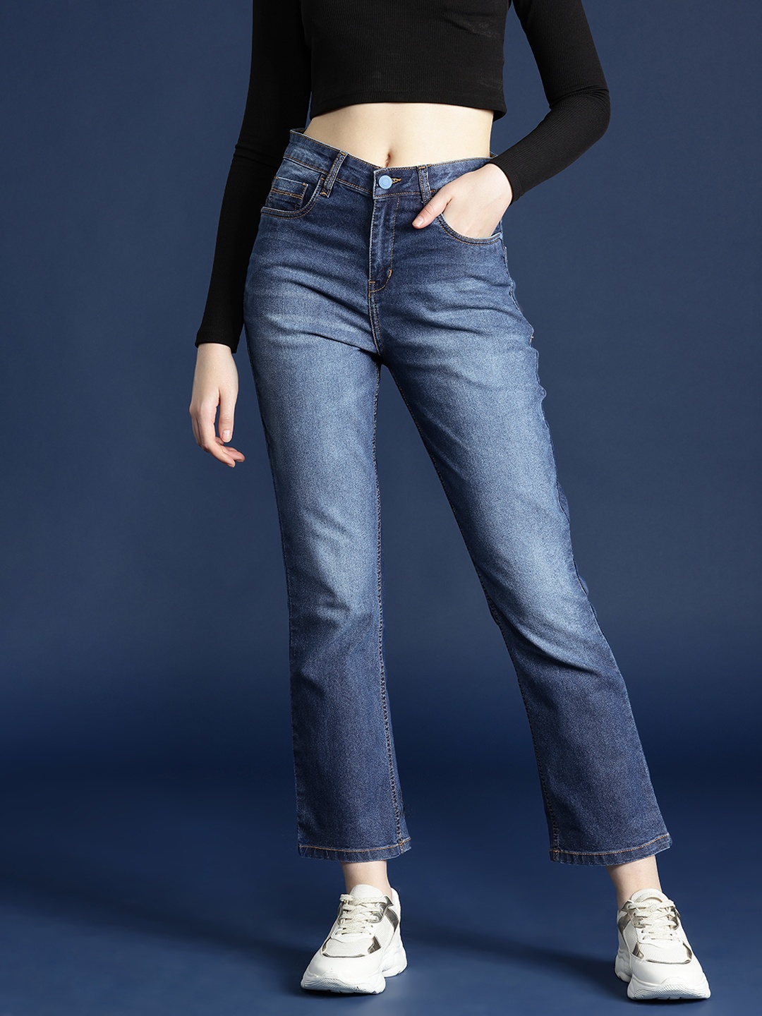 

Mast & Harbour Women Straight Fit High-Rise Light Fade Stretchable Jeans, Blue