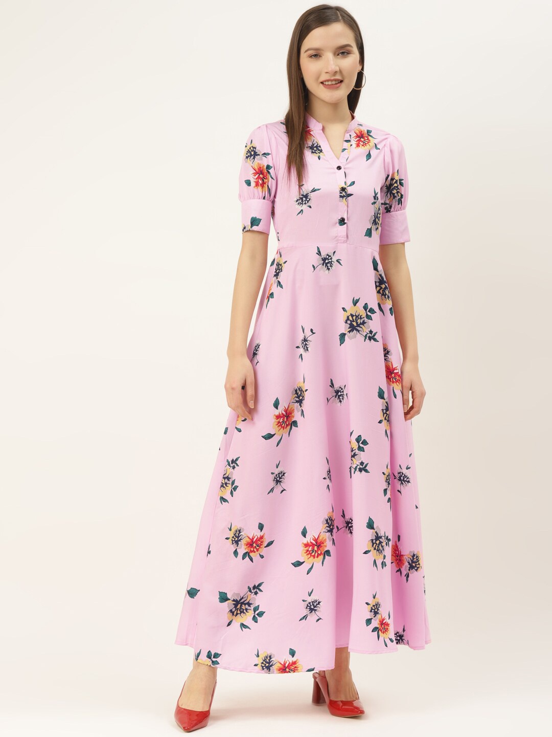 

DressBerry Floral Printed Mandarin Collar Puff Sleeves Maxi A-Line Dress, Pink