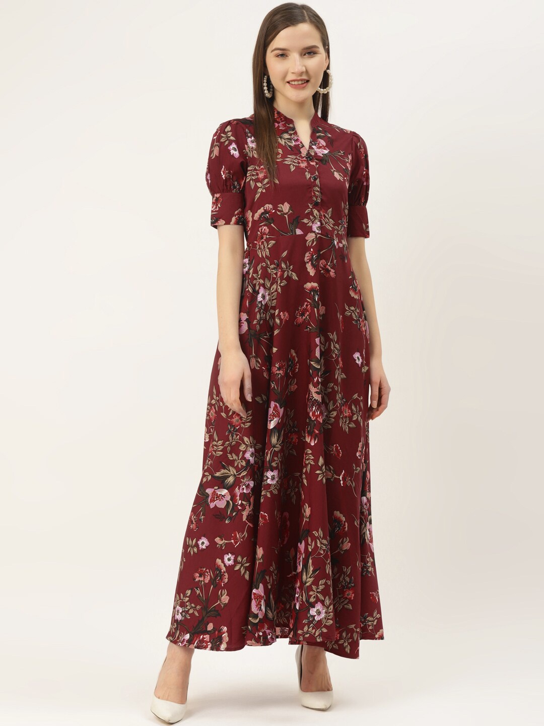 

DressBerry Maroon Floral Print Crepe Maxi Dress