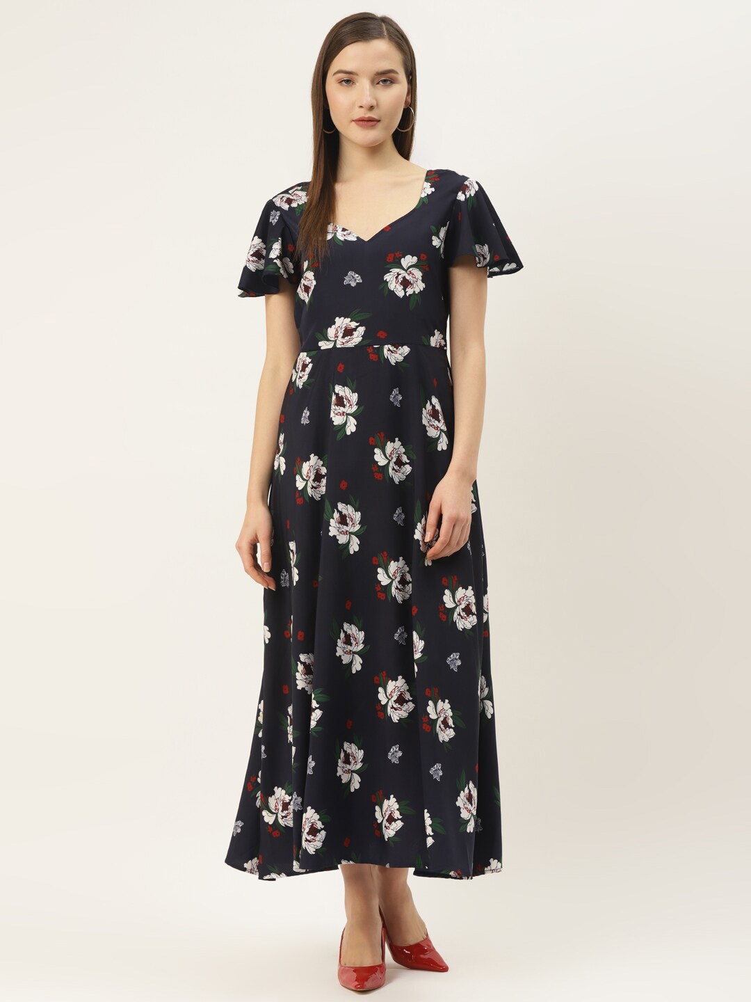 

DressBerry Floral Printed Flared Sleeves Maxi Fit & Flare Dress, Blue