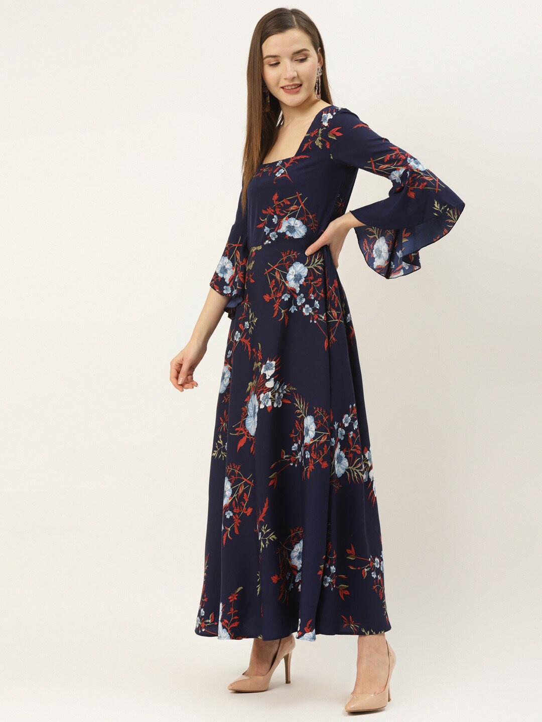 

DressBerry Floral Printed Square Neck Bell Sleeves Maxi Fit & Flare Dress, Navy blue