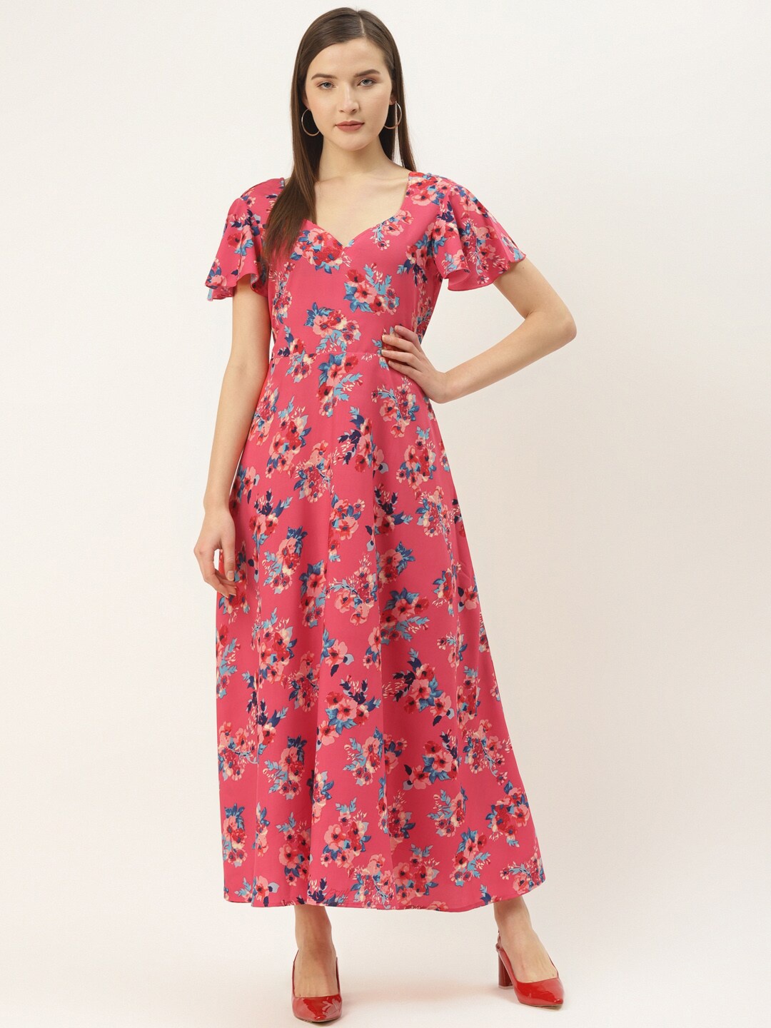 

DressBerry Floral Printed Flared Sleeves Maxi Fit & Flare Dress, Pink