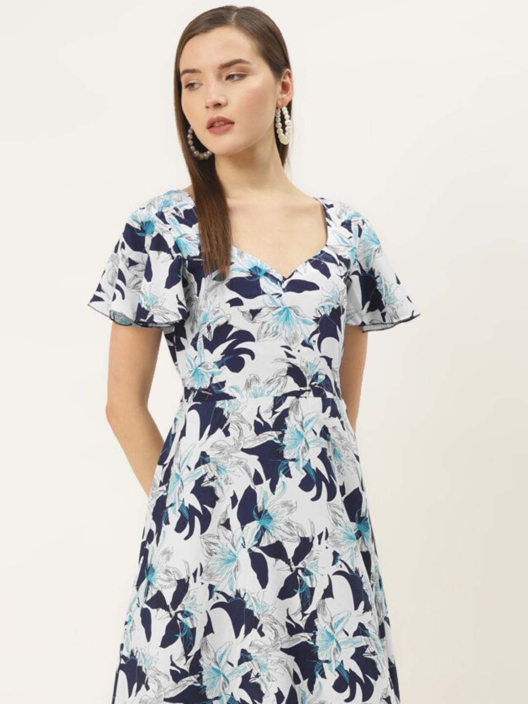 

DressBerry Floral Printed V-Neck Flared Sleeves Maxi Fit & Flare Dress, Blue