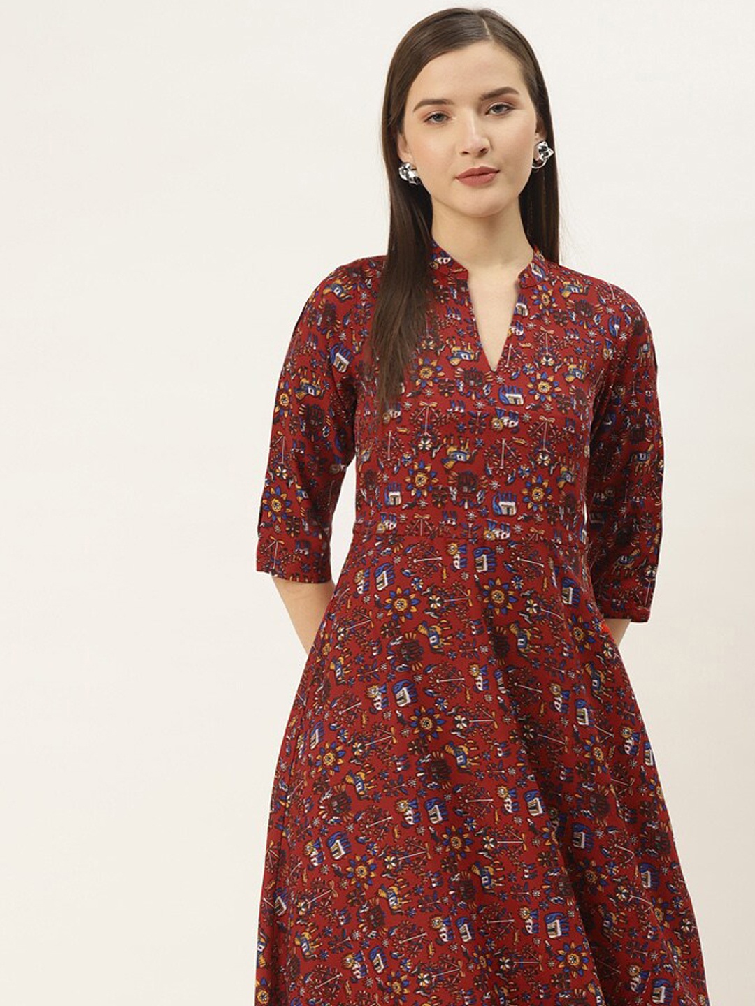 

DressBerry Floral Printed Mandarin Collar Midi Fit & Flare Dress, Maroon
