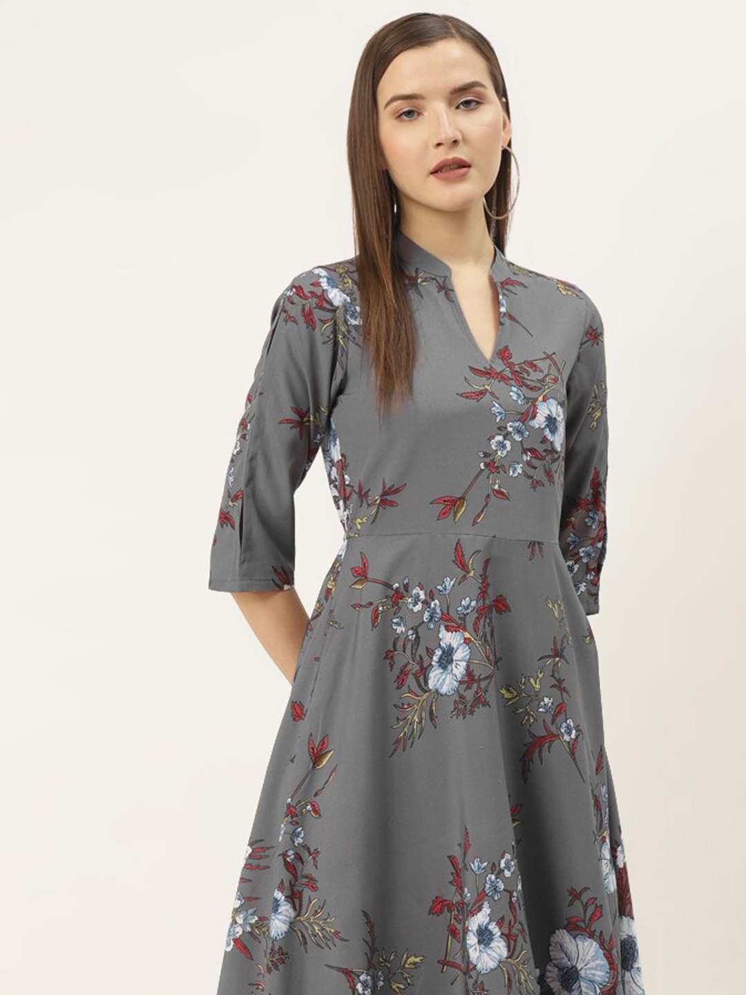 

DressBerry Grey Floral Printed Mandarin Collar A-Line Midi Dress