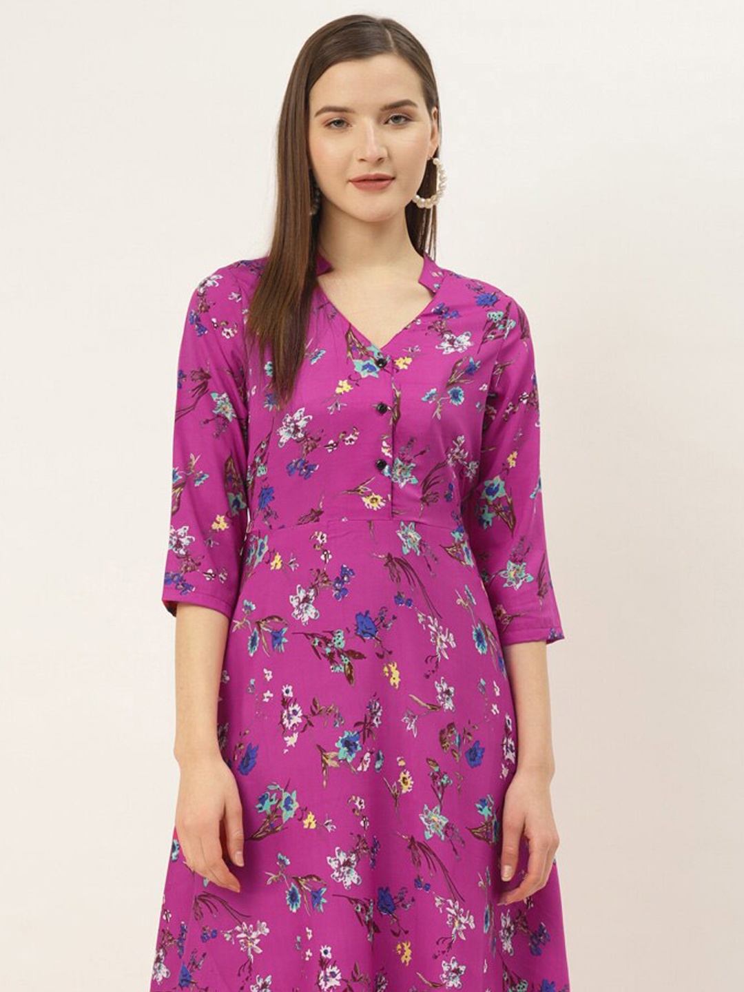 

DressBerry Pink Floral Printed Mandarin Collar A-Line Maxi Dress