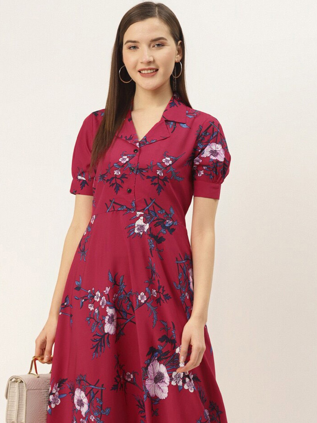 

DressBerry Red Floral Printed Shirt Collar Puff Sleeves A-Line Midi Dress