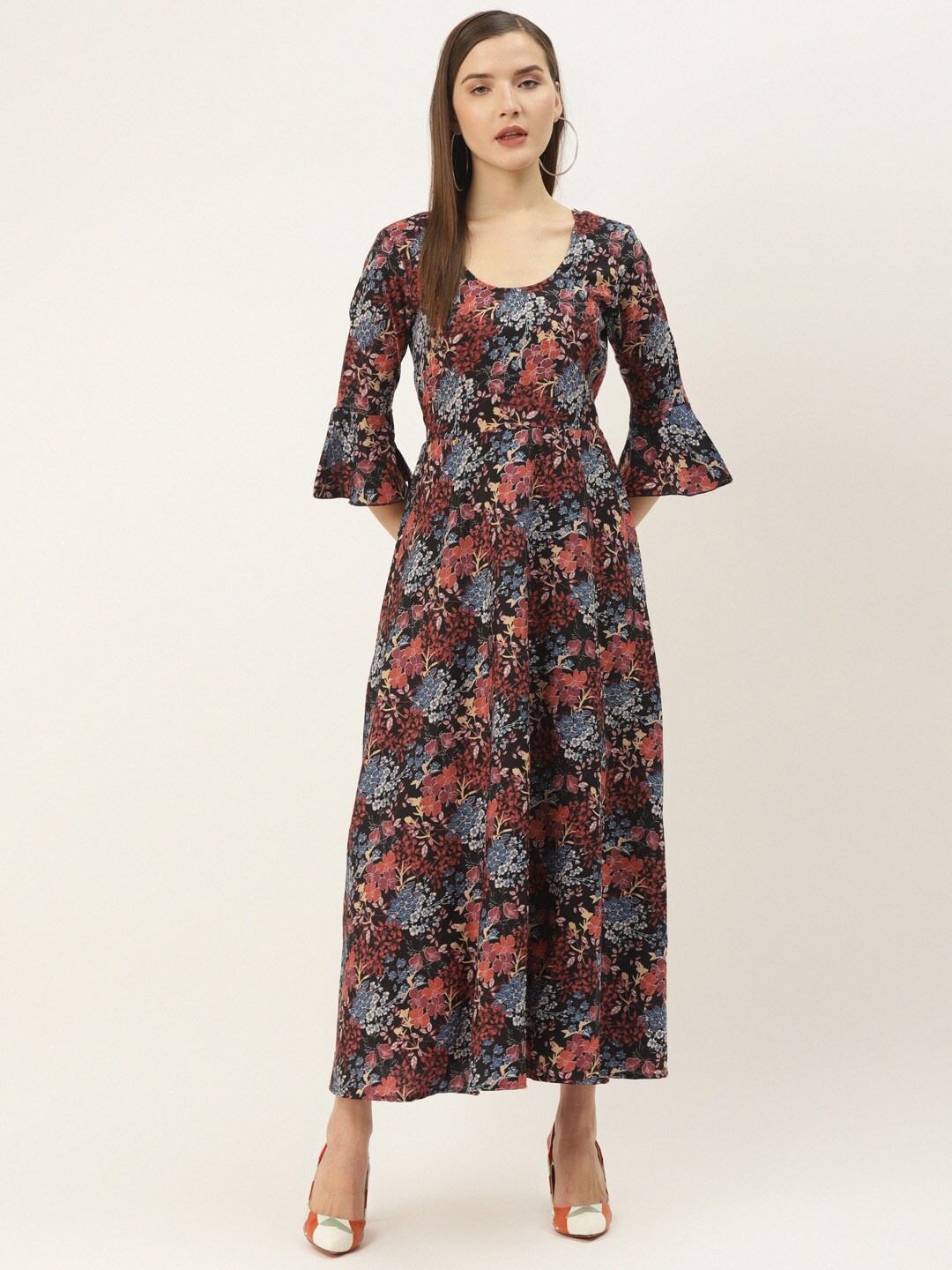 

DressBerry Blue Floral Print Bell Sleeve Crepe Maxi Dress