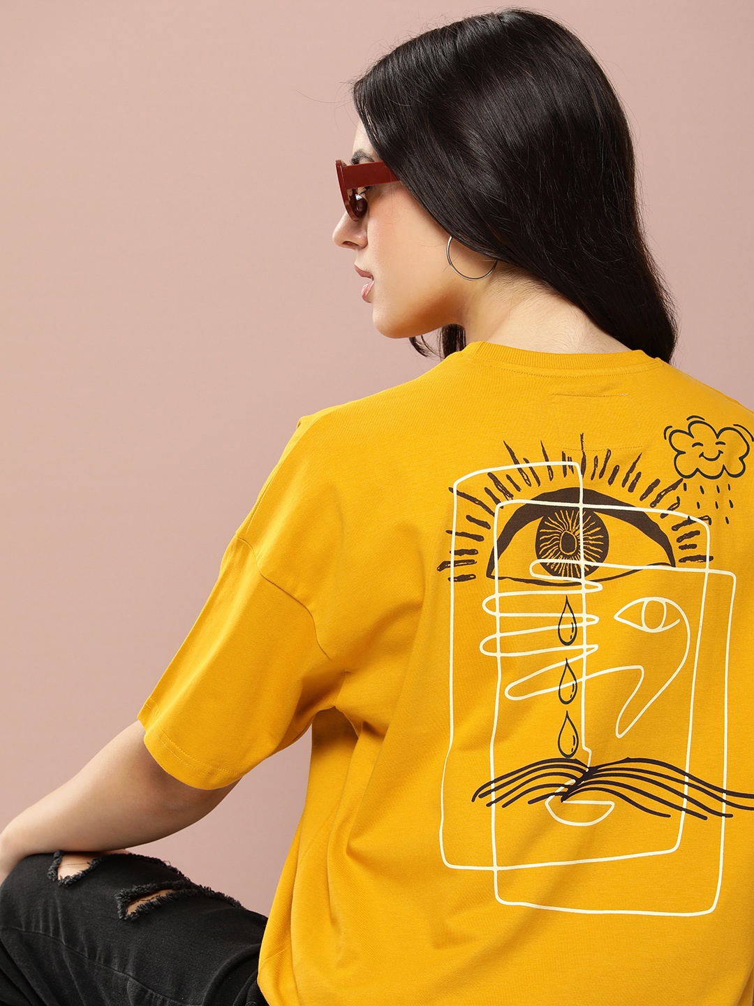 

Stormborn Mustard Yellow Printed Drop-Shoulder Sleeves Cotton Oversized T-shirt