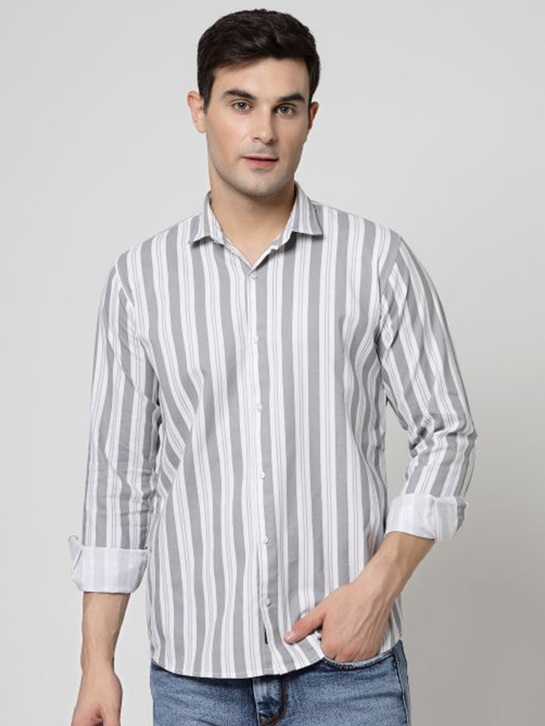 

ADWYN PETER New Vertical Striped Cotton Casual Shirt, Grey