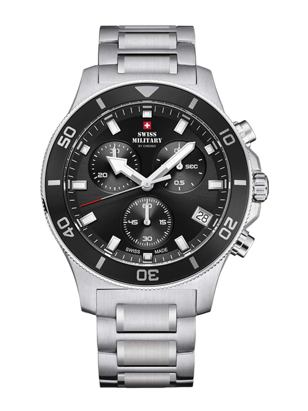 

Swiss Military by Chrono Unisex Black Dial & Silver Toned Stainless Steel Bracelet Style Straps Analogue Watch