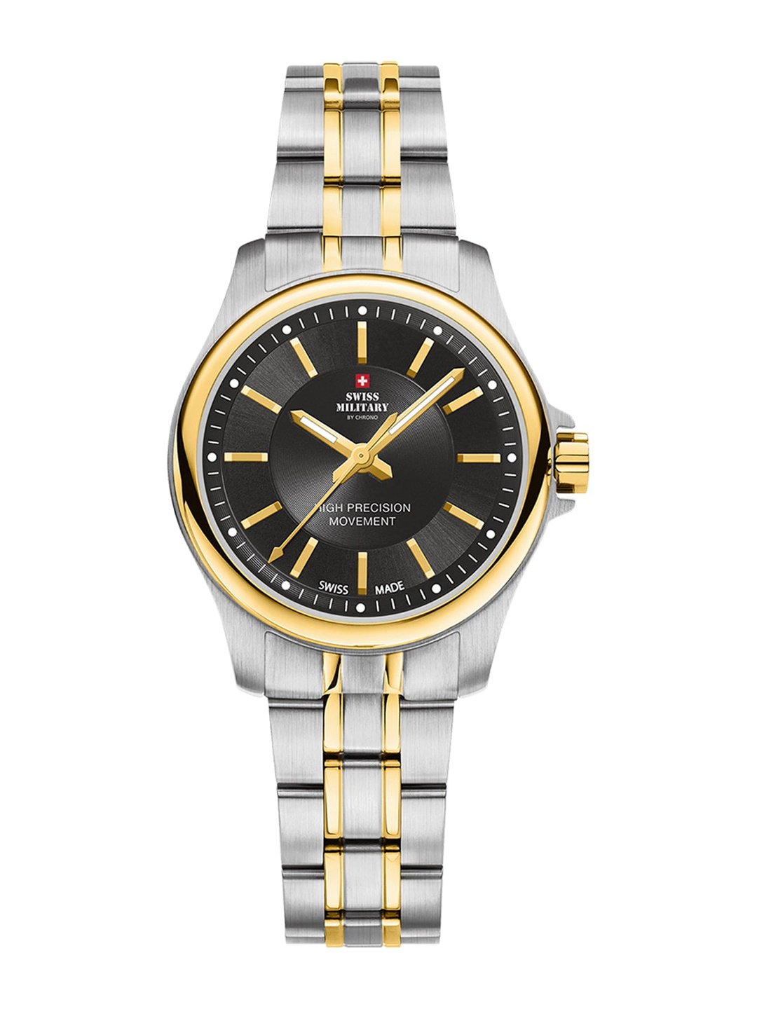 

Swiss Military by Chrono Unisex Black Dial & Gold Toned Stainless Steel Bracelet Style Straps Analogue Watch