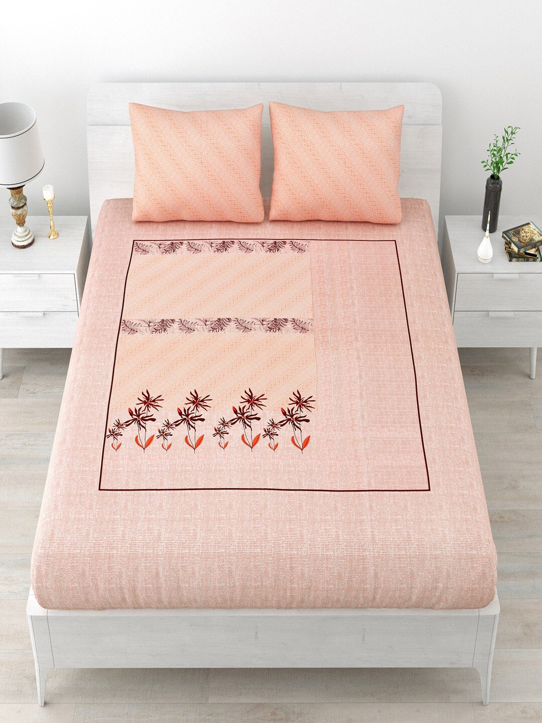 

UNIQCHOICE Peach & Maroon Floral Pure Cotton 120 TC Queen Bedsheet with 2 Pillow Covers
