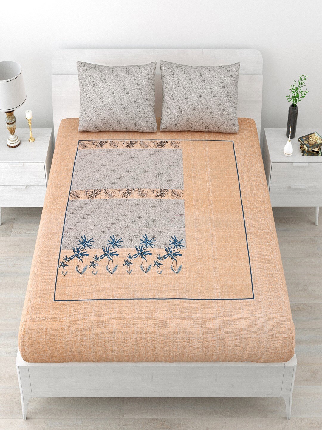 

UNIQCHOICE Peach Floral Printed Pure Cotton 120 TC Queen Bedsheet With 2 Pillow Covers