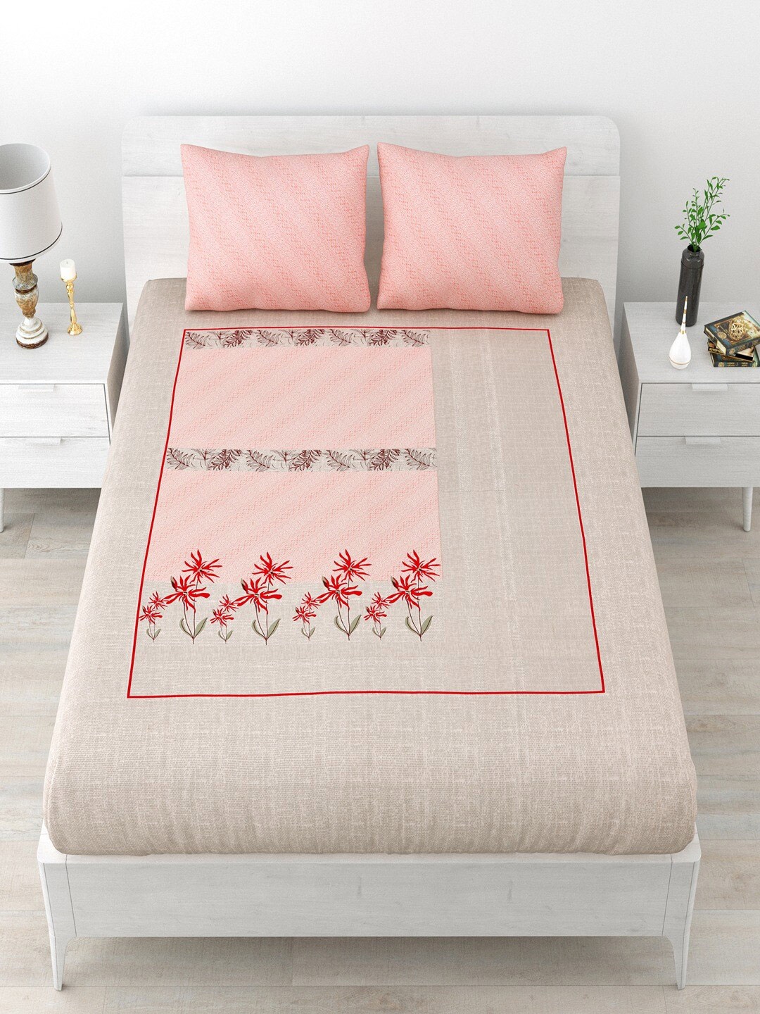 

UNIQCHOICE Pink & Red Floral Pure Cotton 120 TC Queen Bedsheet With 2 Pillow Covers