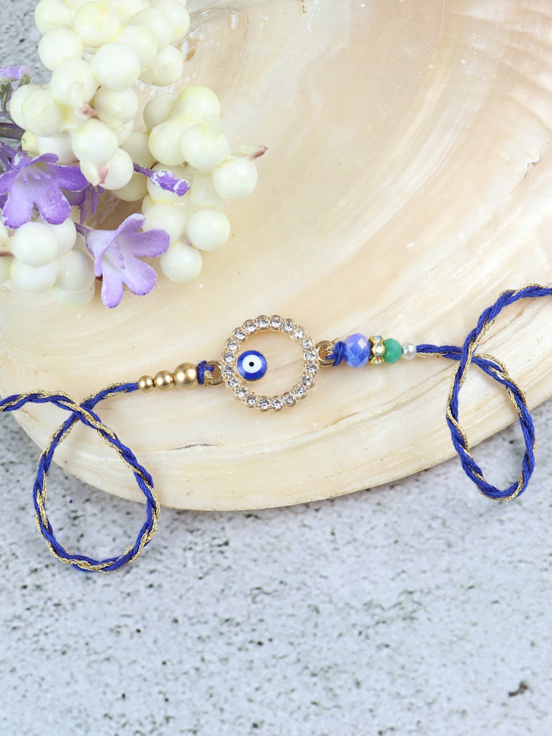 

Asthetika Stone-studded & Beaded Evil Eye Charm Rakhi, Gold