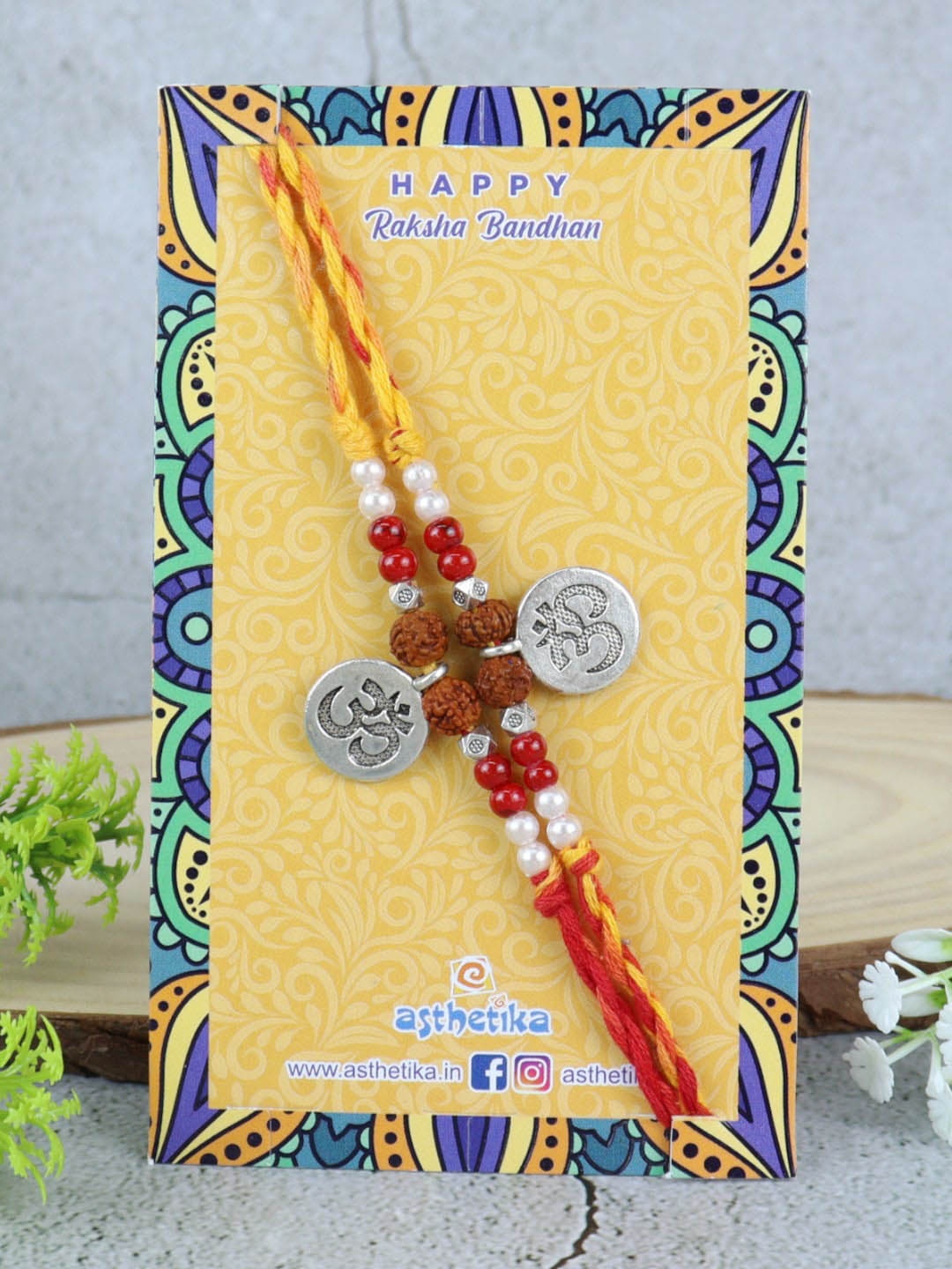 

Asthetika Men Set Of 2 Rudraksha Beaded Om Charm Rakhi, Silver