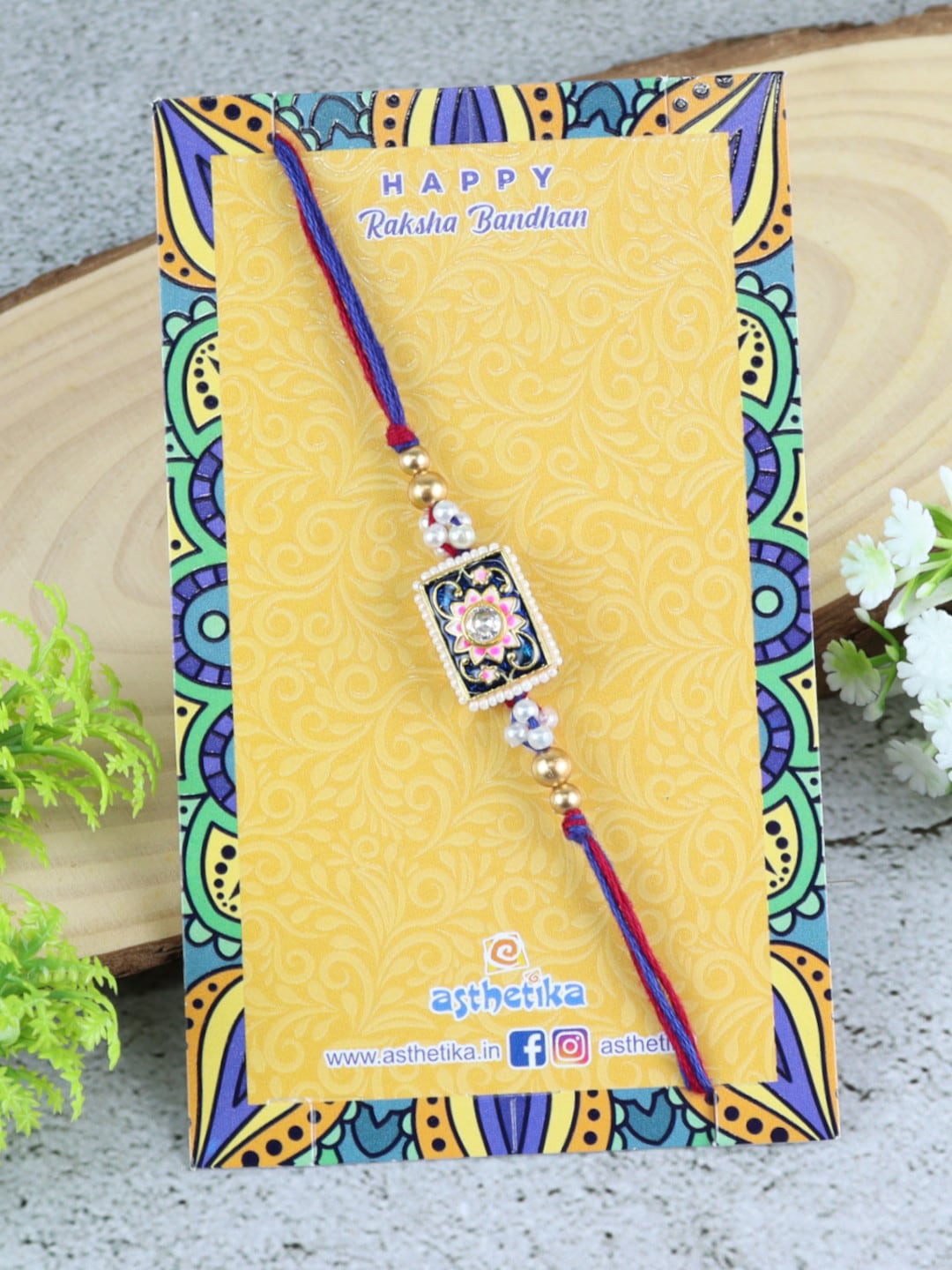 

Asthetika Meenakari Stone-Studded & Beaded Rakhi, Red
