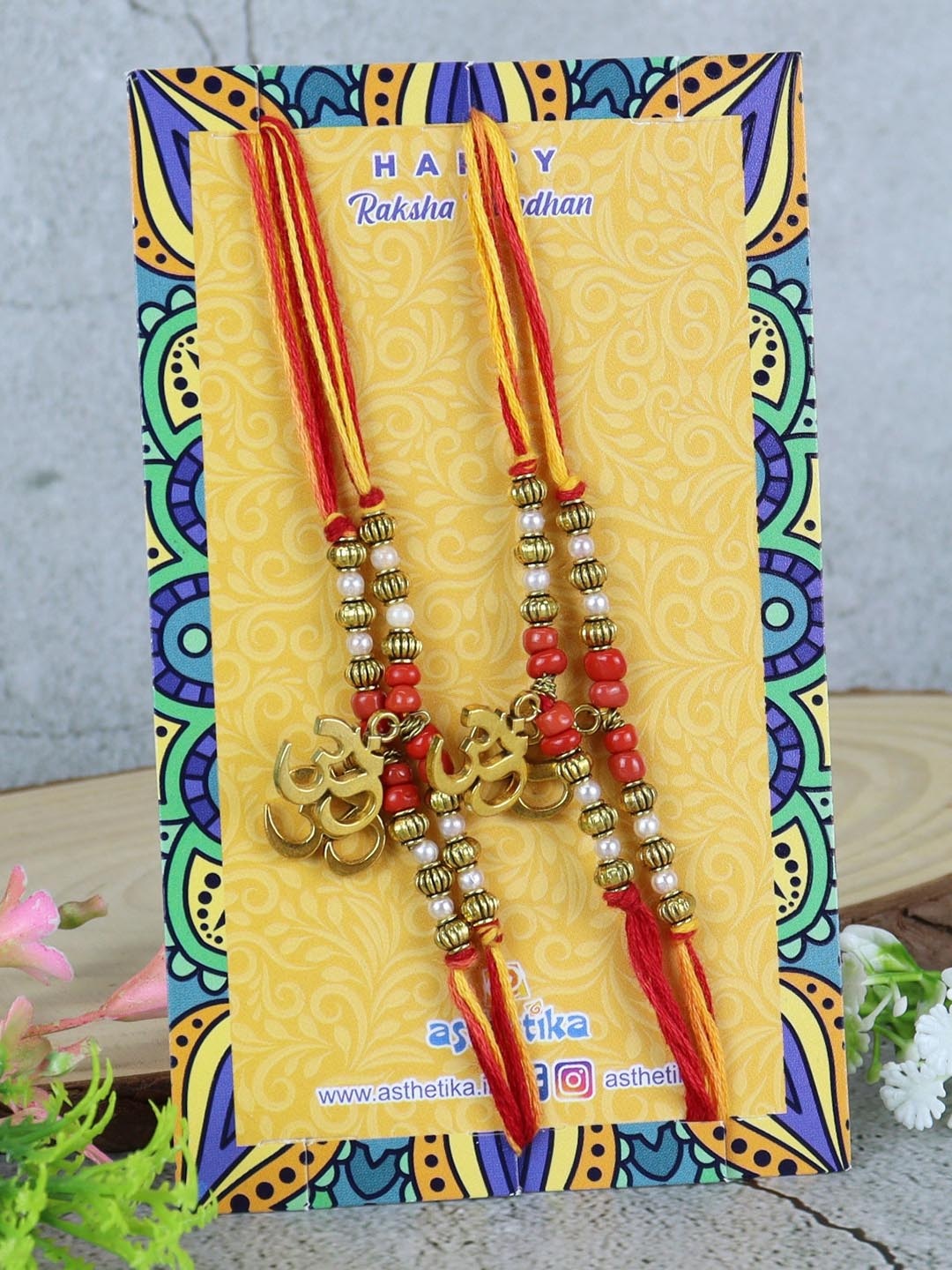 

Asthetika Set Of 4 Beaded Om Design Charm Rakhi, Gold