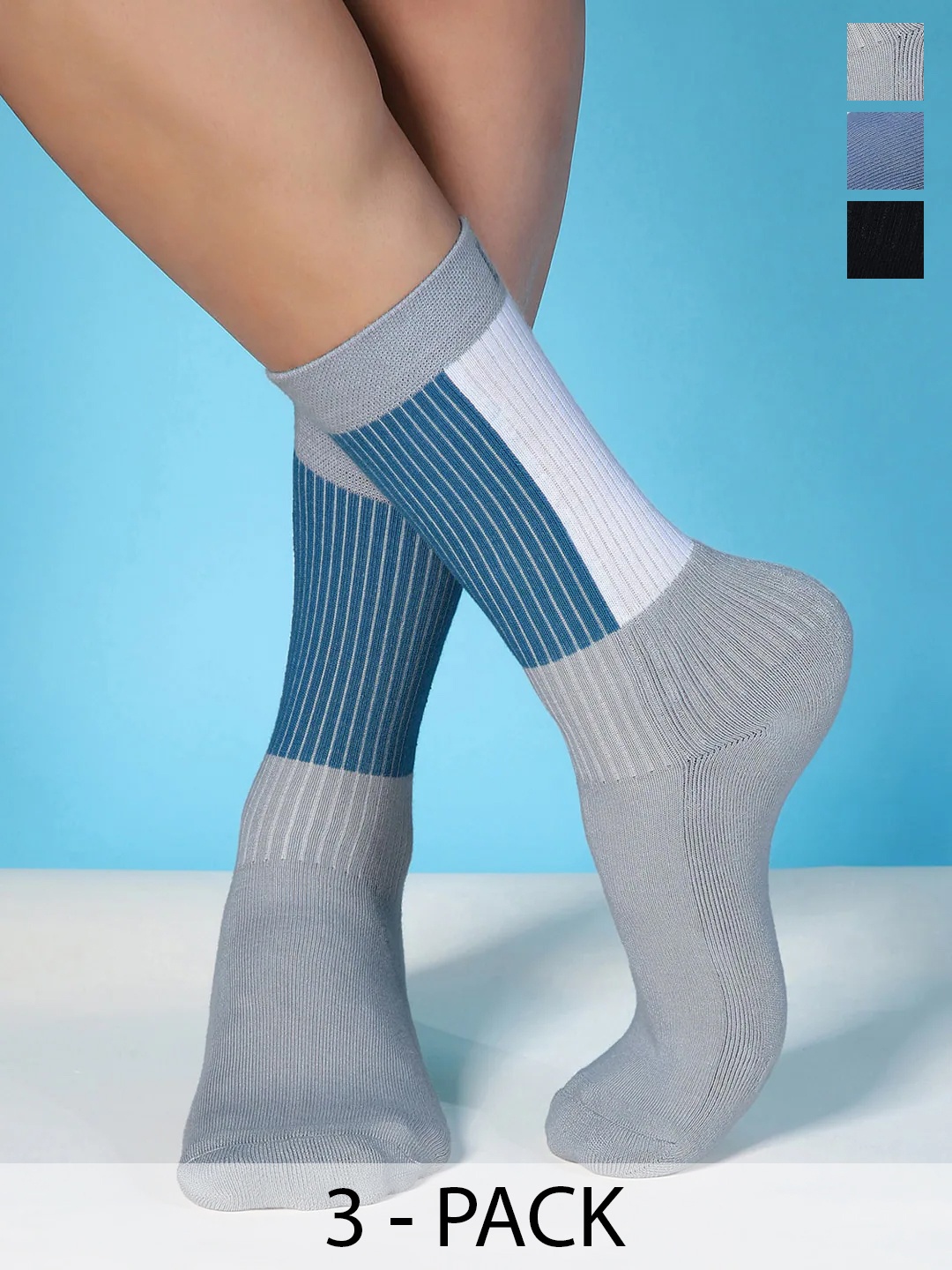 

DAMENSCH Men Pack Of 3 Colourblocked Sole Mint Calf Length Terry Socks, Grey