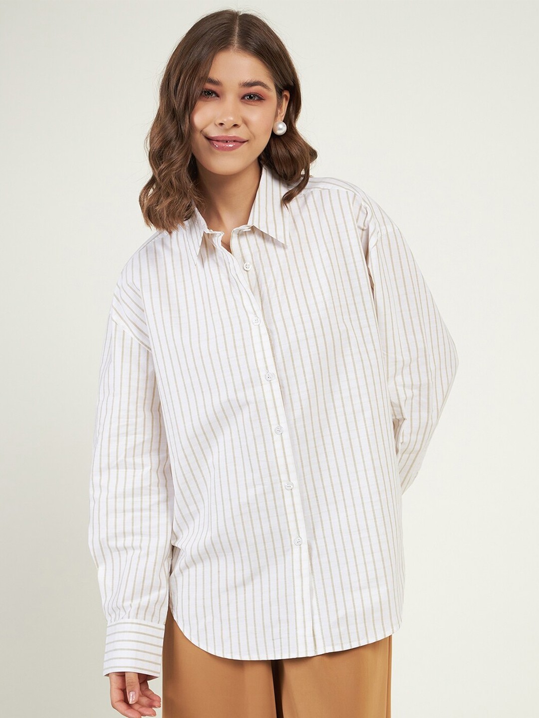 

JUNE & HARRY Relaxed Oversized Vertical Stripes Long Sleeve Pure Cotton Causal Shirt, White