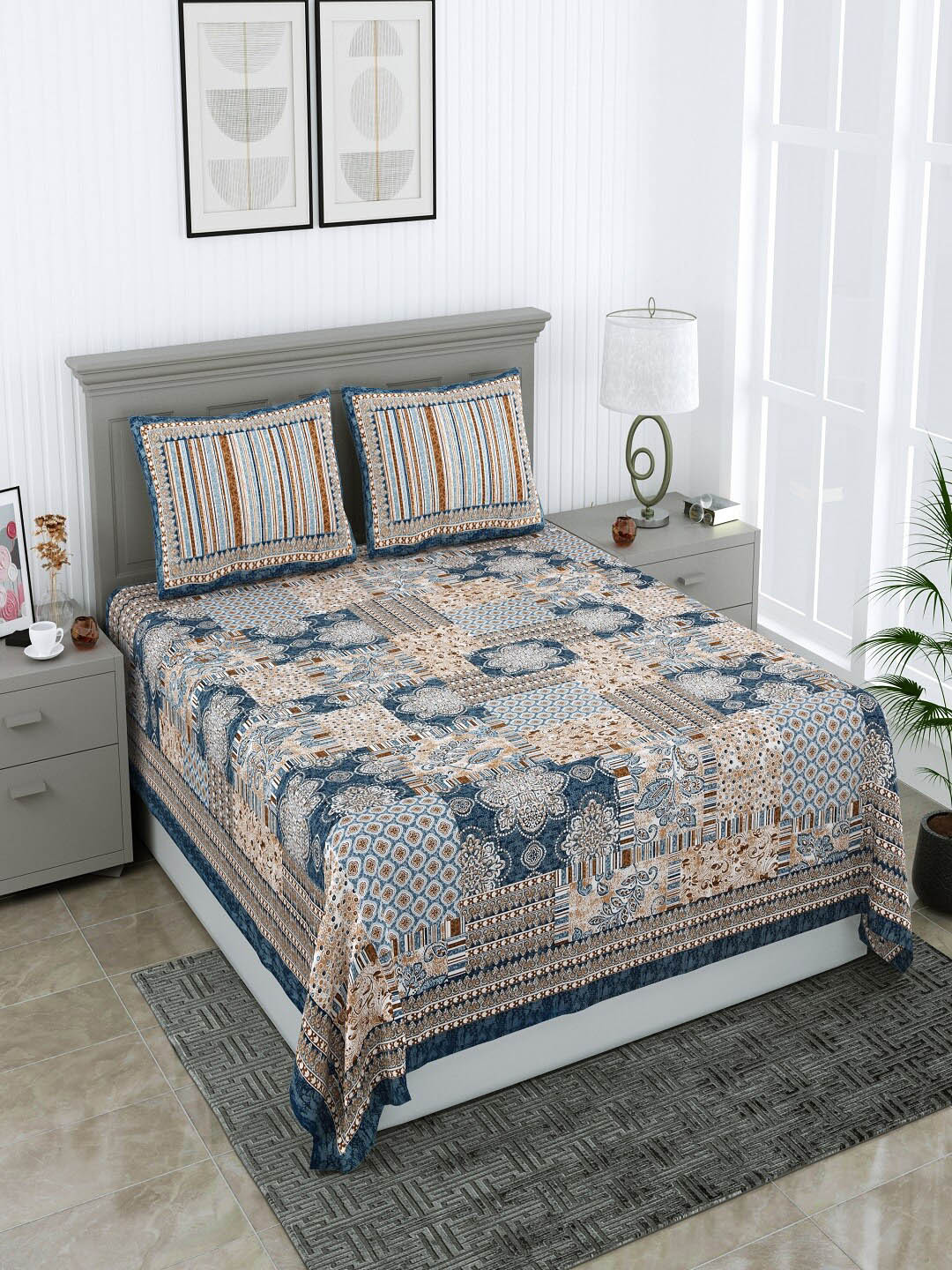 

Bombay Spreads Blue & Brown Ethnic Motifs Pure Cotton 180 TC King Bedsheet & Pillow Covers