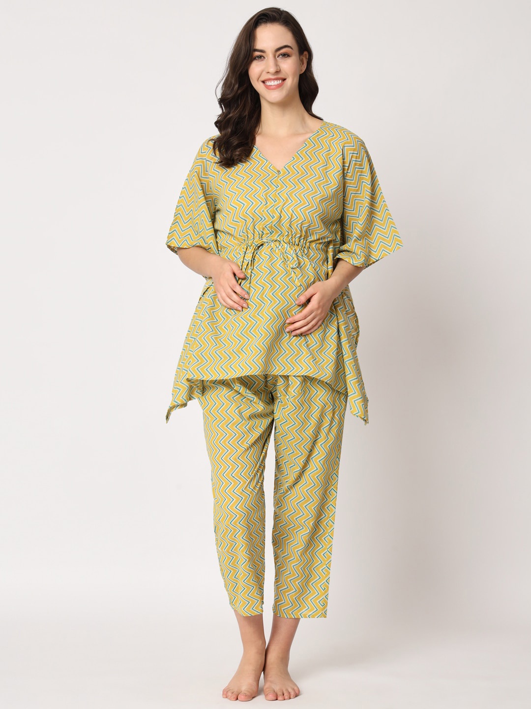 

Aujjessa Chevron Printed Pure Cotton Maternity Night suit, Mustard