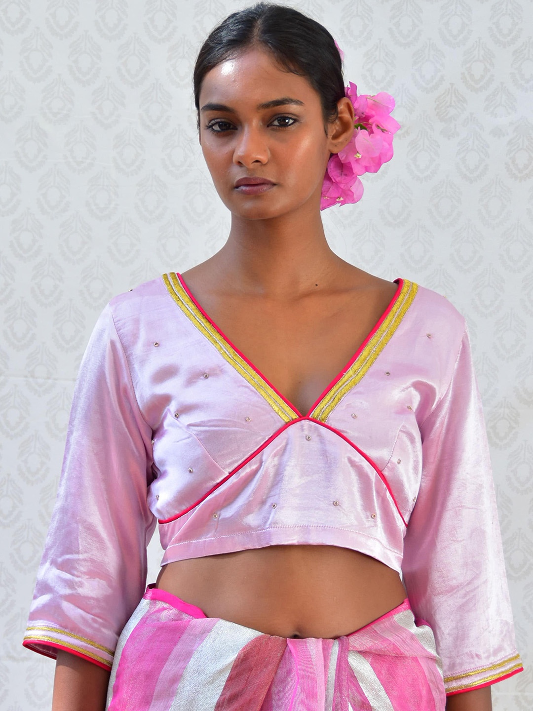 

Chidiyaa V-Neck Silk Saree Blouse, Pink