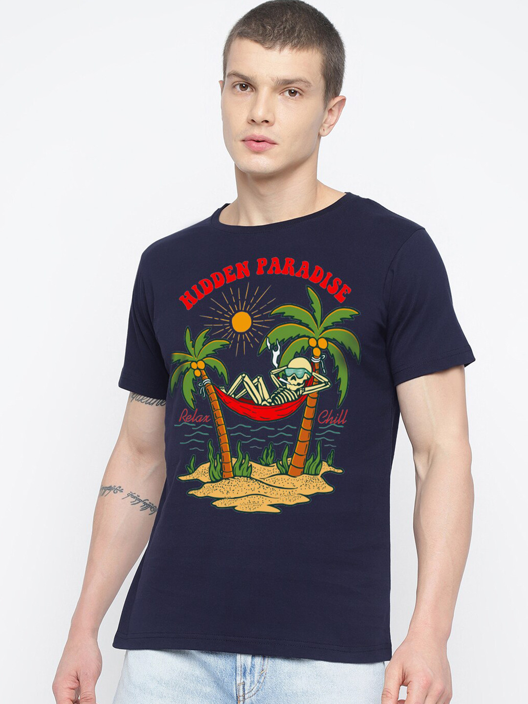 

THREADCURRY Typography Printed Cotton T-shirt, Navy blue