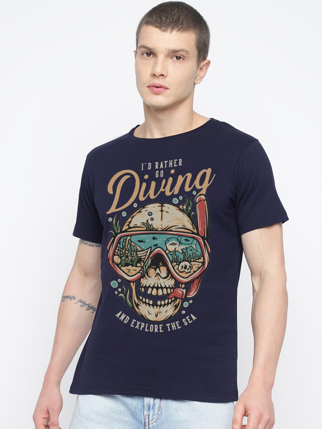 

THREADCURRY Typography Printed Cotton T-shirt, Navy blue