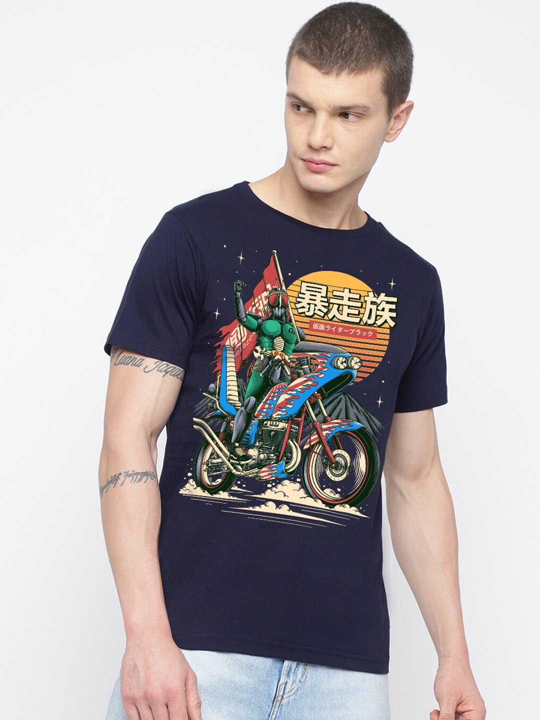 

THREADCURRY Biker Printed T-shirt, Navy blue
