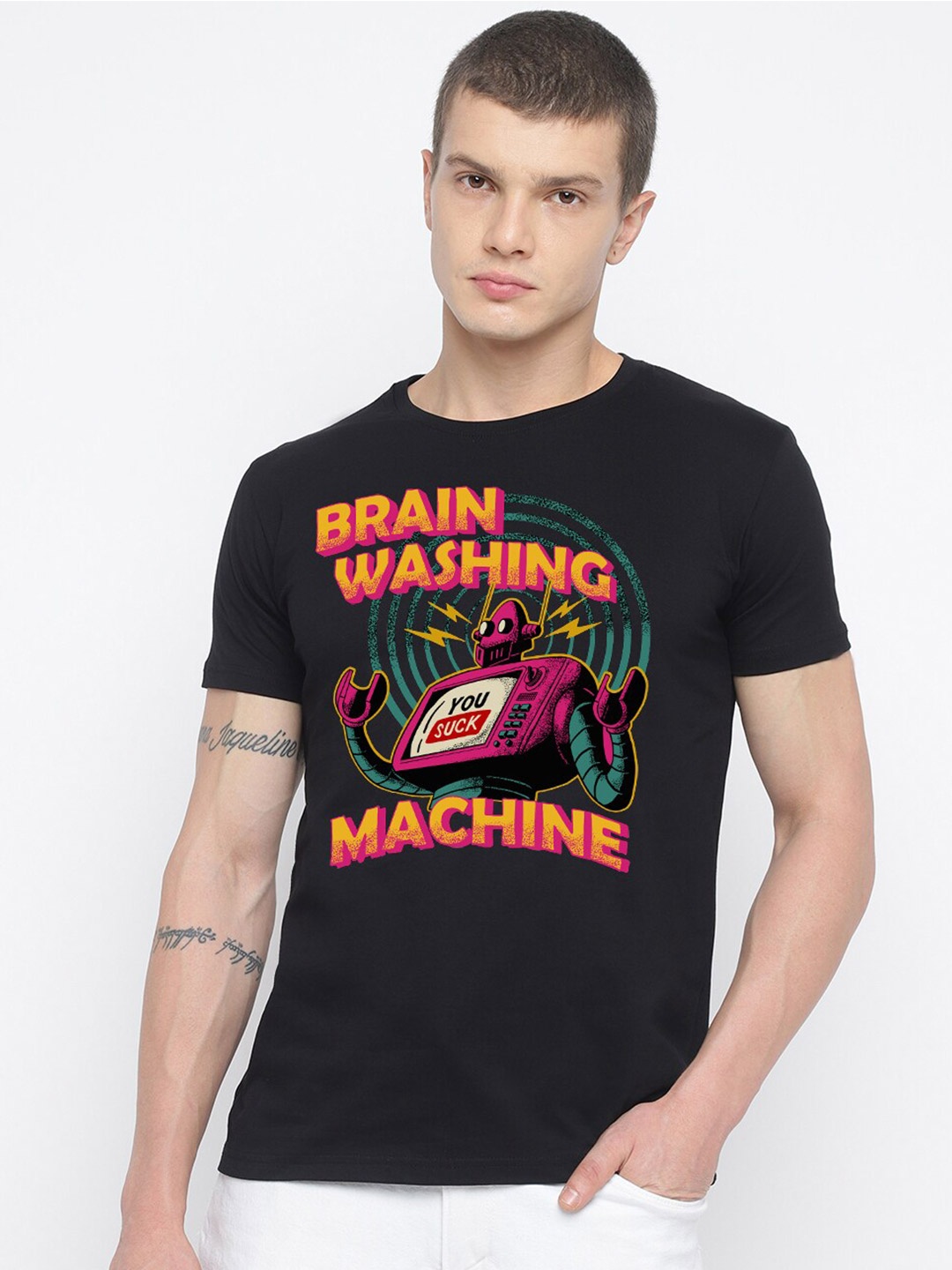 

THREADCURRY Graphic Printed Cotton T-shirt, Black
