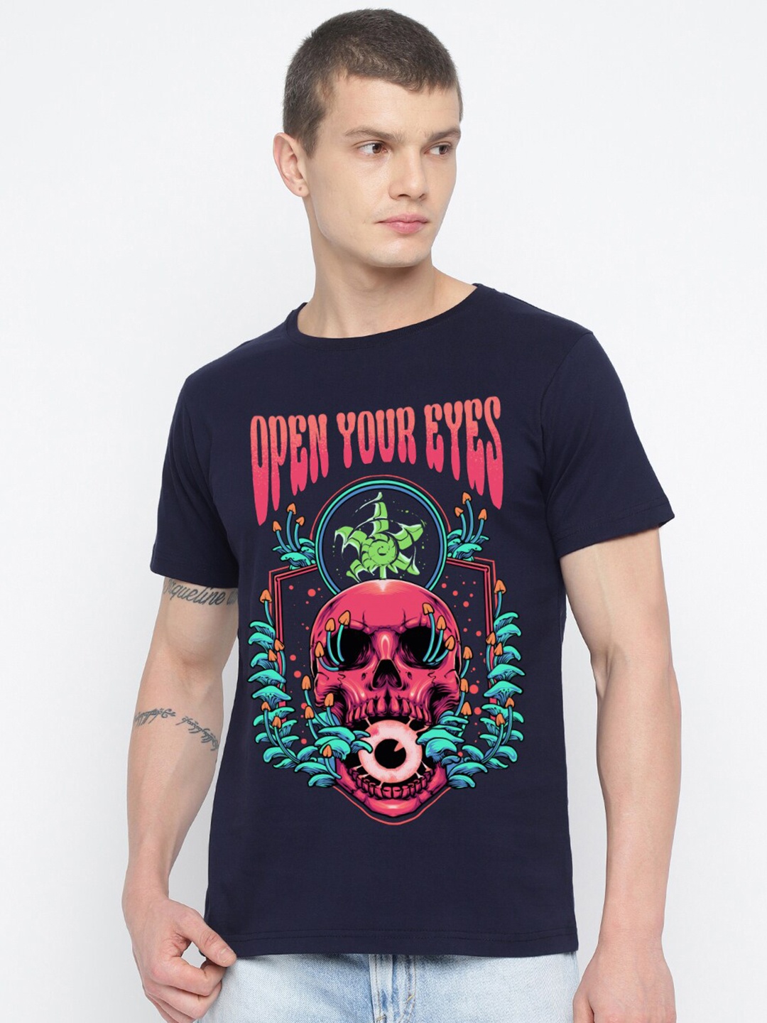 

THREADCURRY Graphic Printed Cotton T-shirt, Navy blue