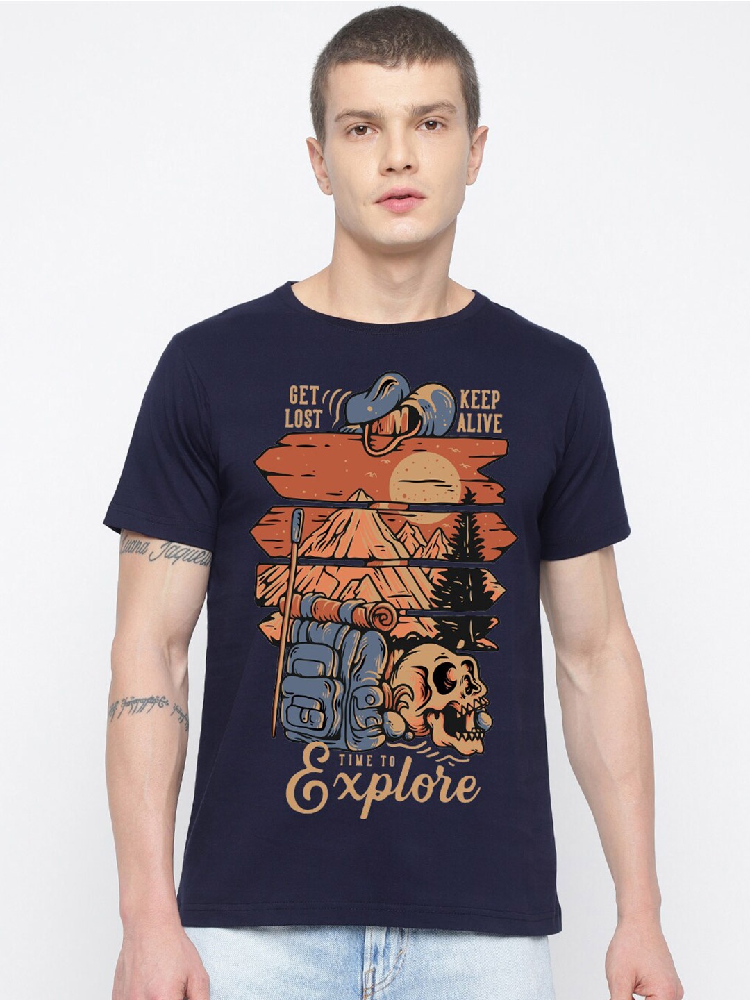 

THREADCURRY Graphic Printed Cotton T-shirt, Navy blue
