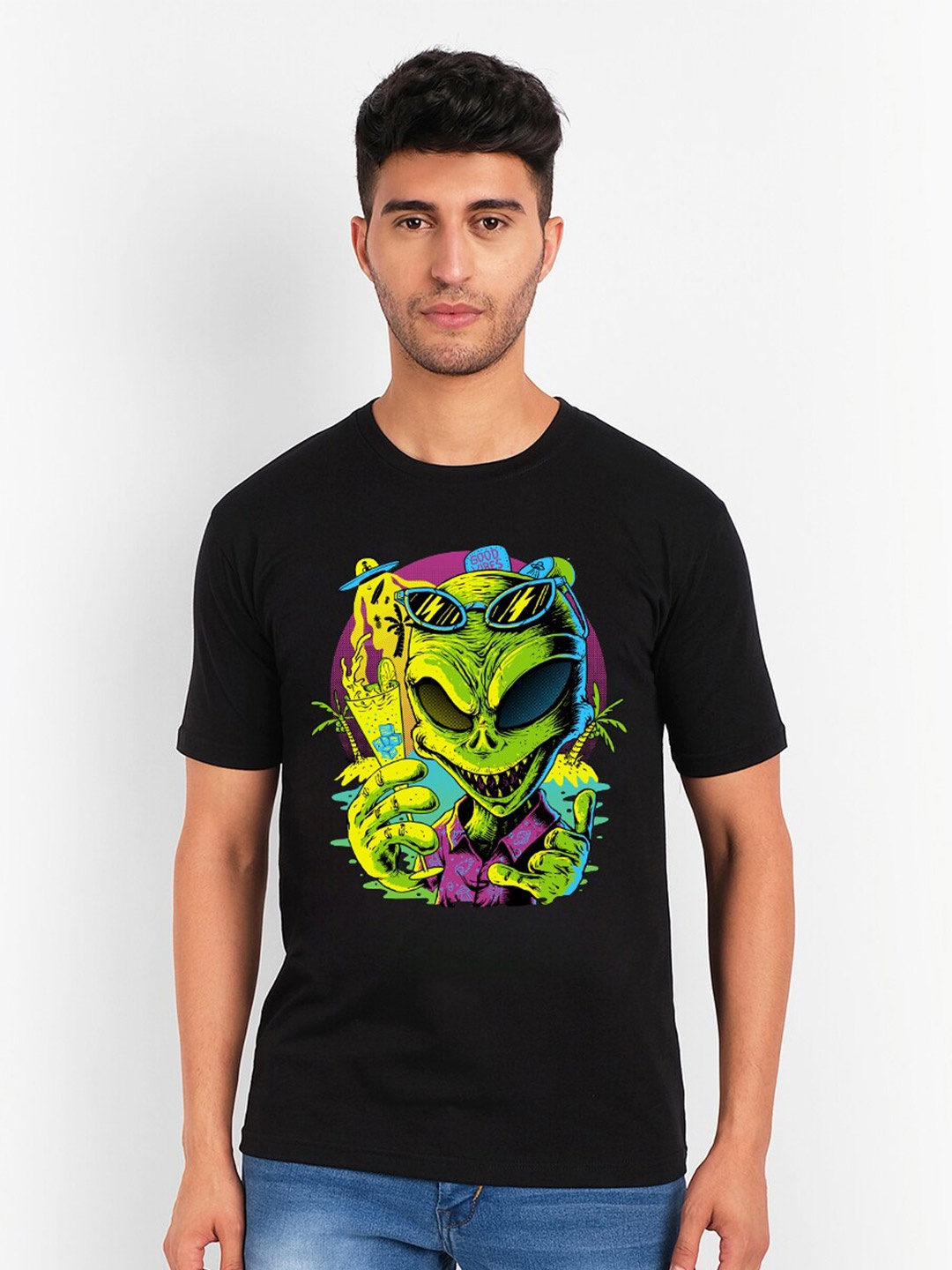 

THREADCURRY Graphic Printed Round Neck Pure Cotton T-shirt, Black