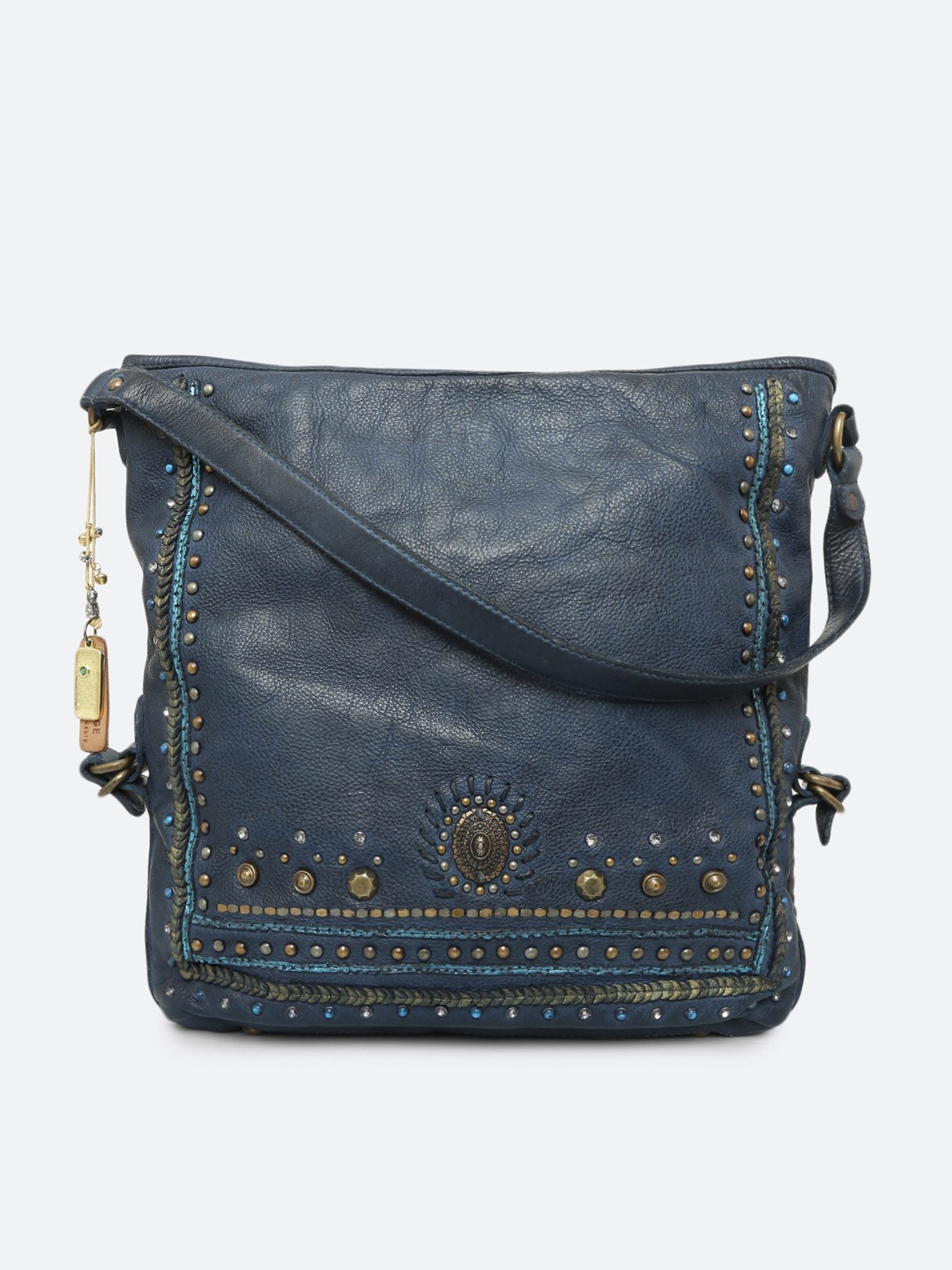 

ART N VINTAGE Embellished Leather Structured Sling Bag, Blue
