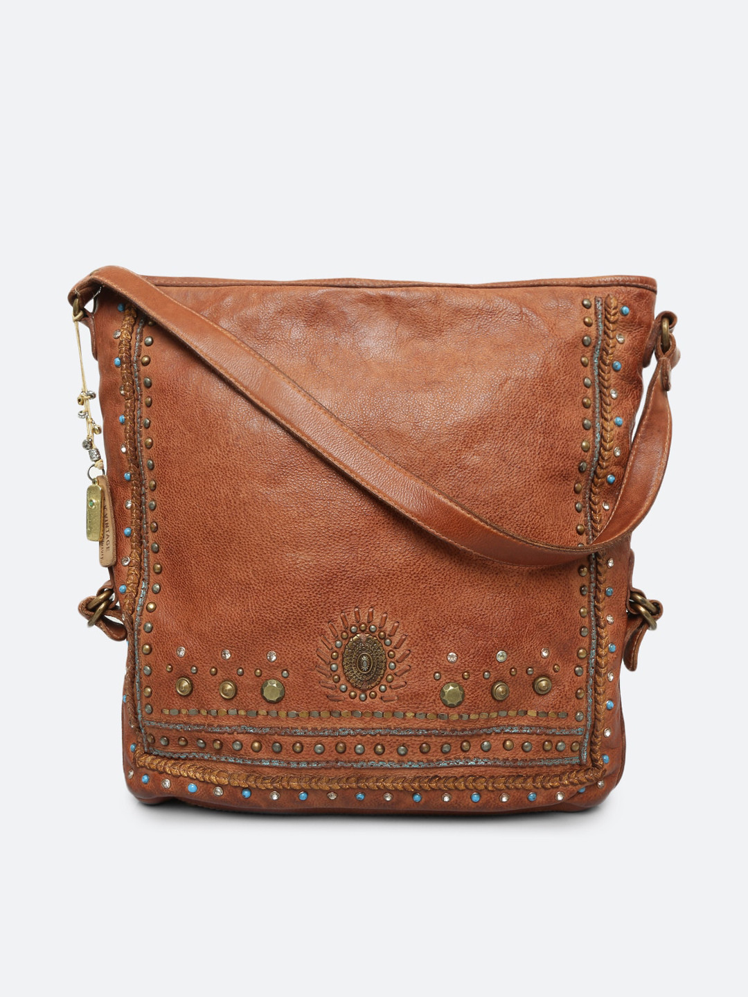 

ART N VINTAGE Embellished Leather Structured Sling Bag, Tan