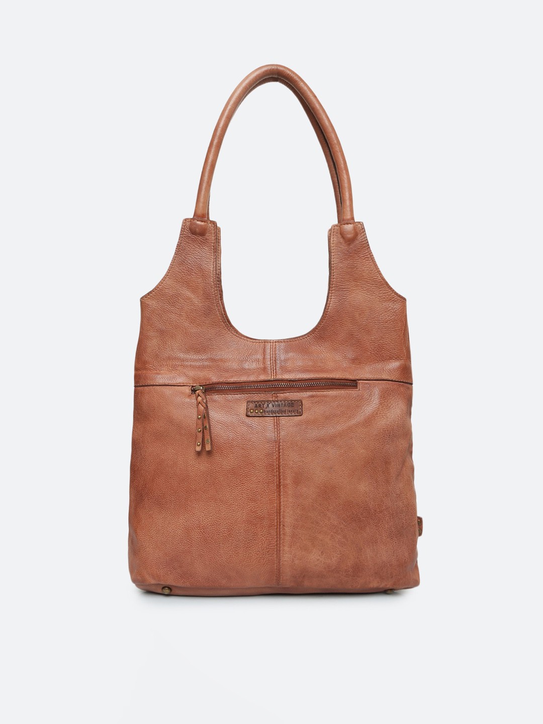 

ART N VINTAGE Leather Structured Shoulder Bag With Applique, Tan