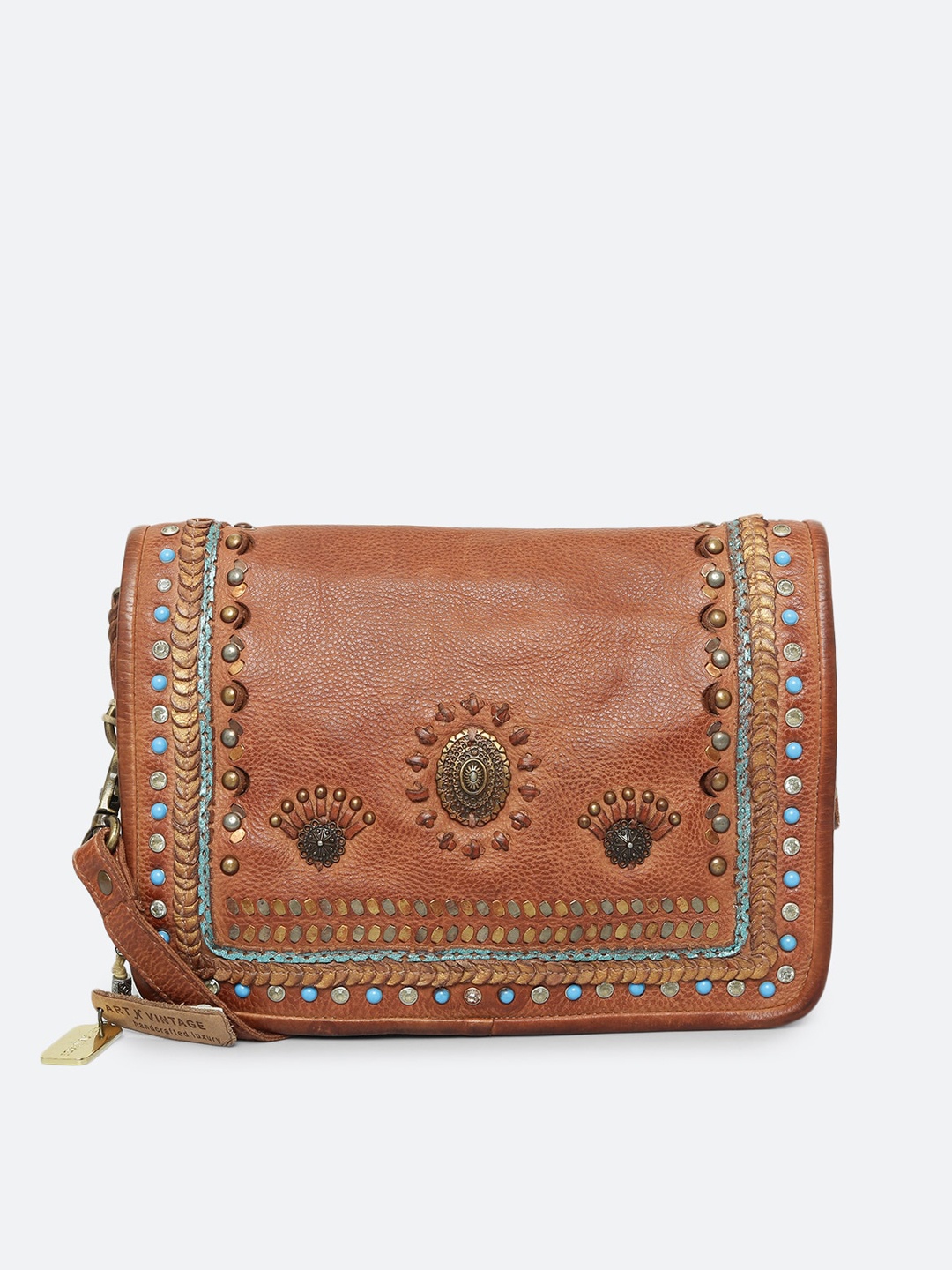 

ART N VINTAGE Embellished Leather Structured Sling Bag, Tan