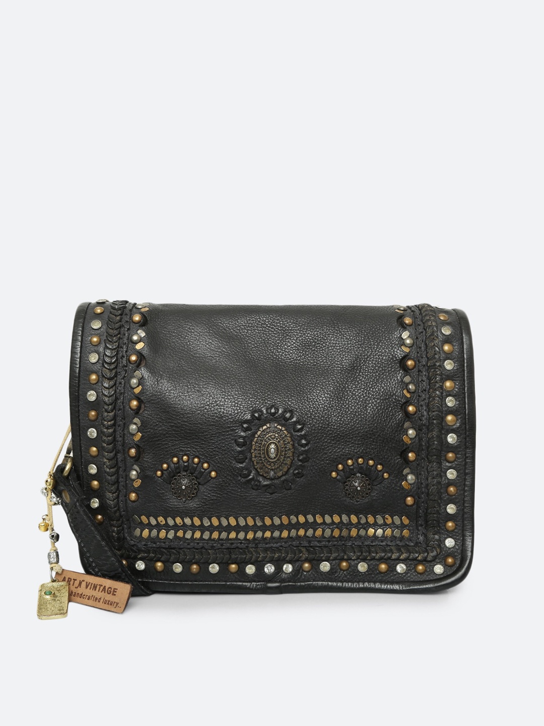 

ART N VINTAGE Embellished Leather Structured Sling Bag, Black