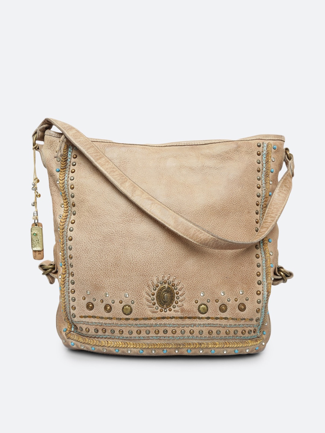

ART N VINTAGE Embellished Leather Structured Sling Bag, Beige