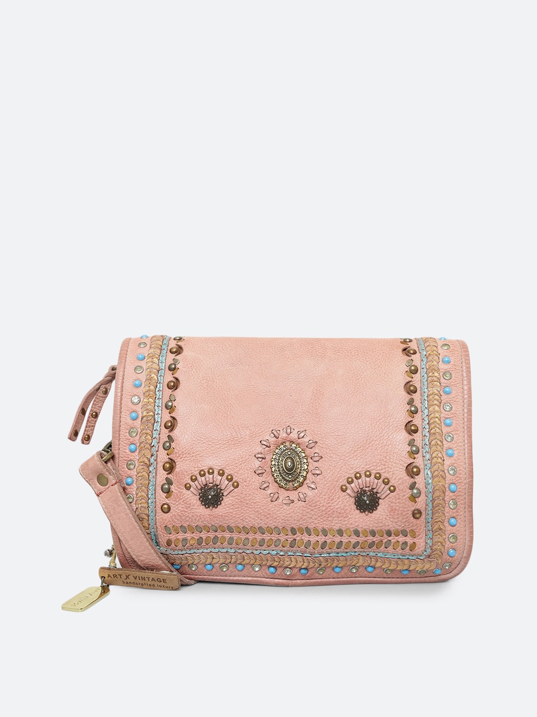 

ART N VINTAGE Embellished Leather Structured Sling Bag, Pink